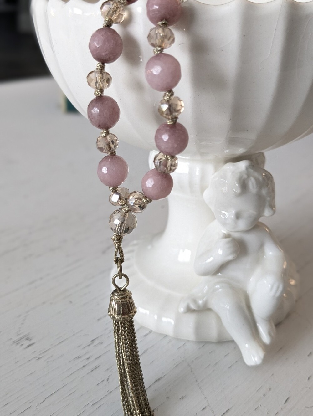 Pink Aventurine & Champagne Crystal Tassel Necklace | Gold Tone | Adjustable